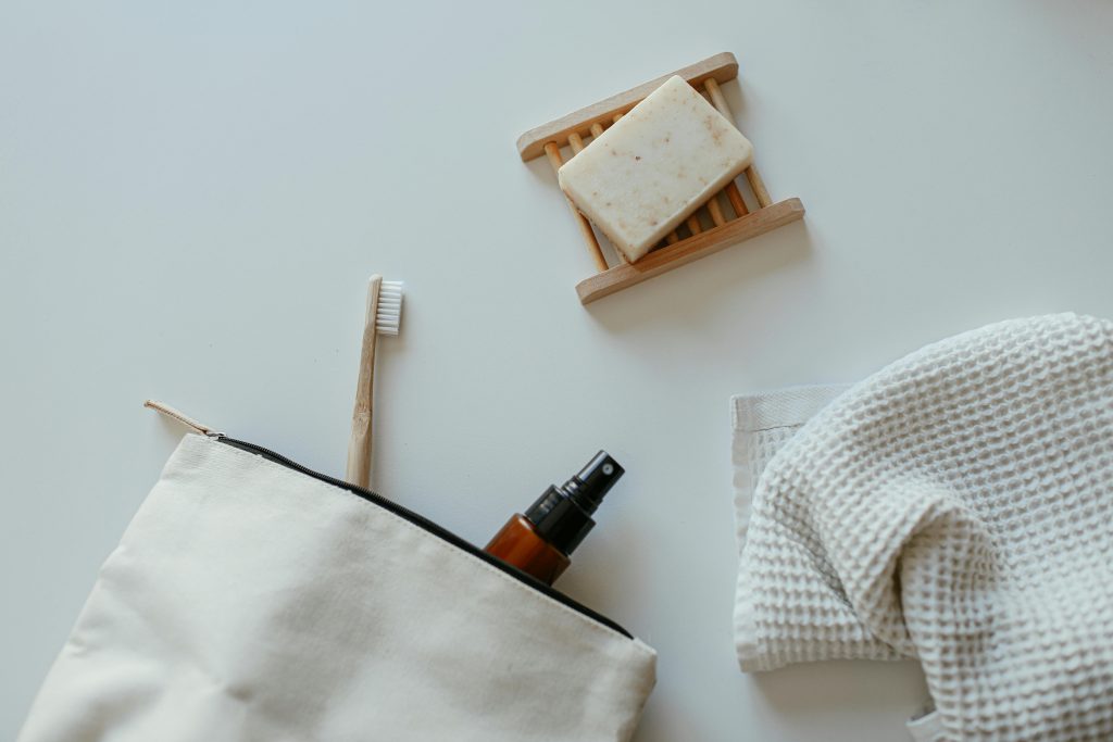 Hand sanitizer, biodegradable soap, toothbrush