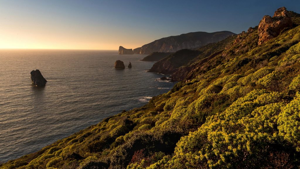 Coastal view of Sardinia, featuring rugged cliffs, lush vegetation, and rock formations along the tranquil sea at sunset.