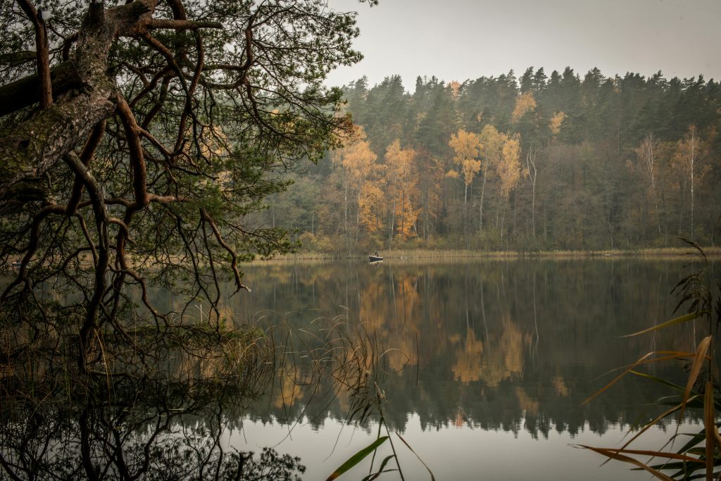 A peaceful lake scene with autumn foliage and a lone boat at Aukštadvaris Regional Park, a top hiking destination in Lithuania for nature lovers and adventurers.