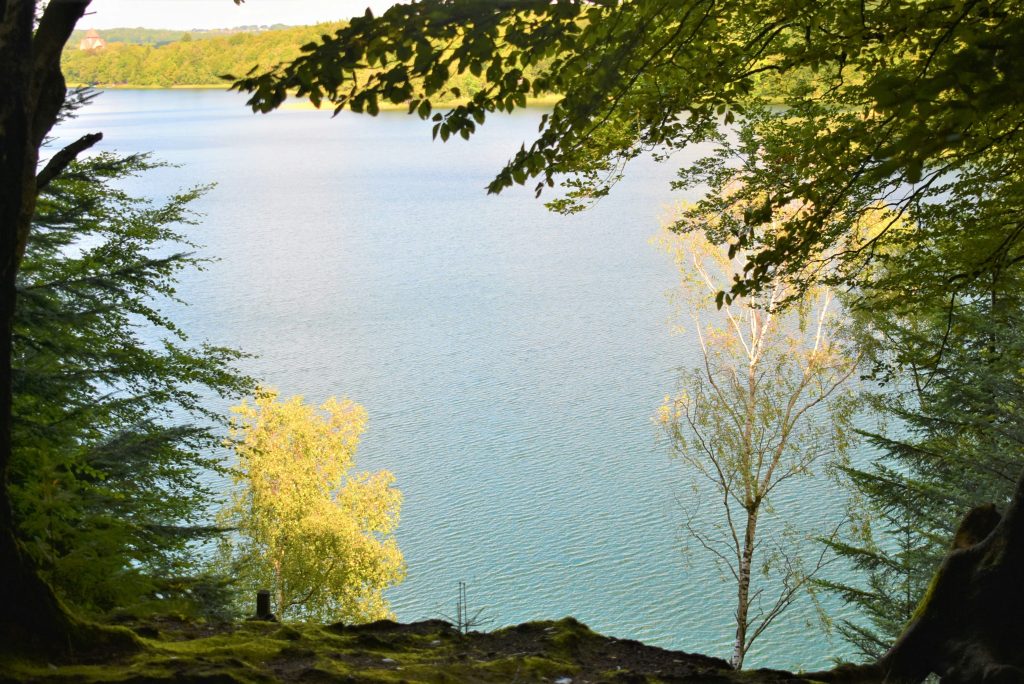 Serene lake view through tree branches in Silkeborg, Denmark, offering a peaceful setting for hiking and nature walks.