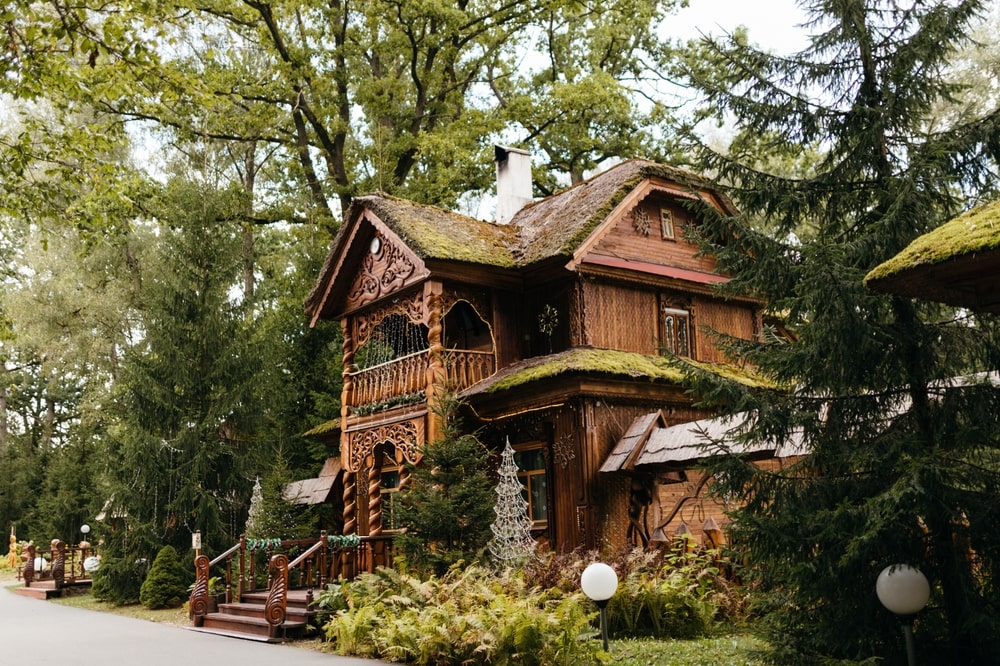 A wooden house with ornate carvings and moss-covered roof, nestled in the greenery of Belovezhskaya Pushcha Forest, surrounded by trees and plants.