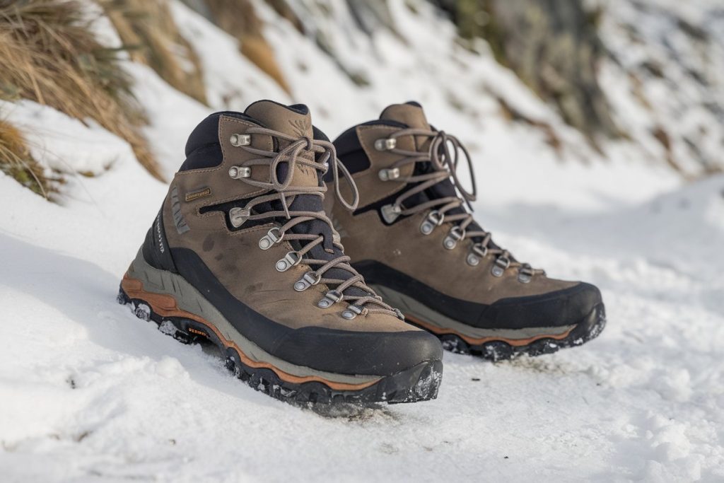 Waterproof hiking boots with sturdy soles, laces, and ankle support, perfect for tackling snowy and rugged terrain on hiking adventures.