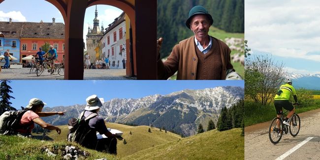 Collage of Romania Active experiences featuring cyclists riding through a historic town, a smiling local man in traditional attire, hikers resting in the mountains, and a cyclist on a scenic countryside road with mountain views.