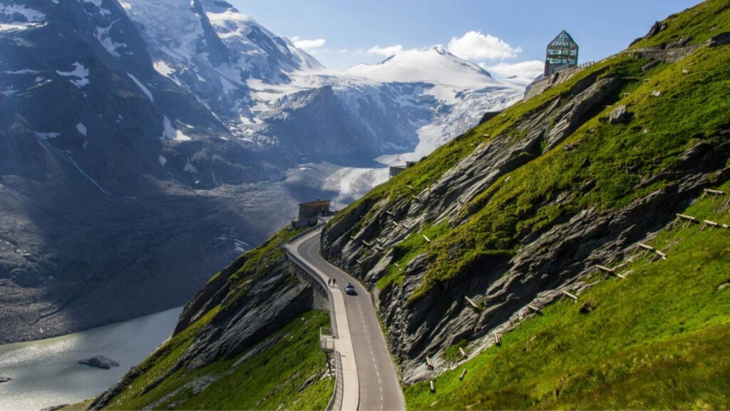 Scenic Tyrol mountain road with glacier views and alpine landscapes, perfect for hiking in Tyrol and Austrian outdoor adventures.