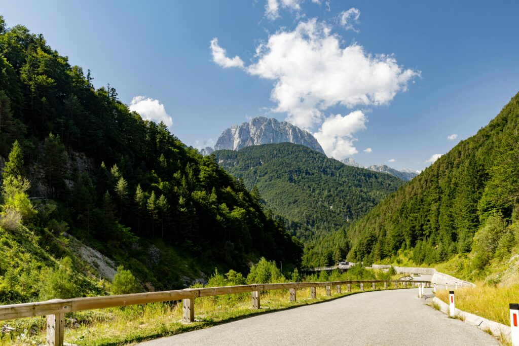Juliana Trail Slovenia winding through alpine valleys, forests, and breathtaking Julian Alps scenery