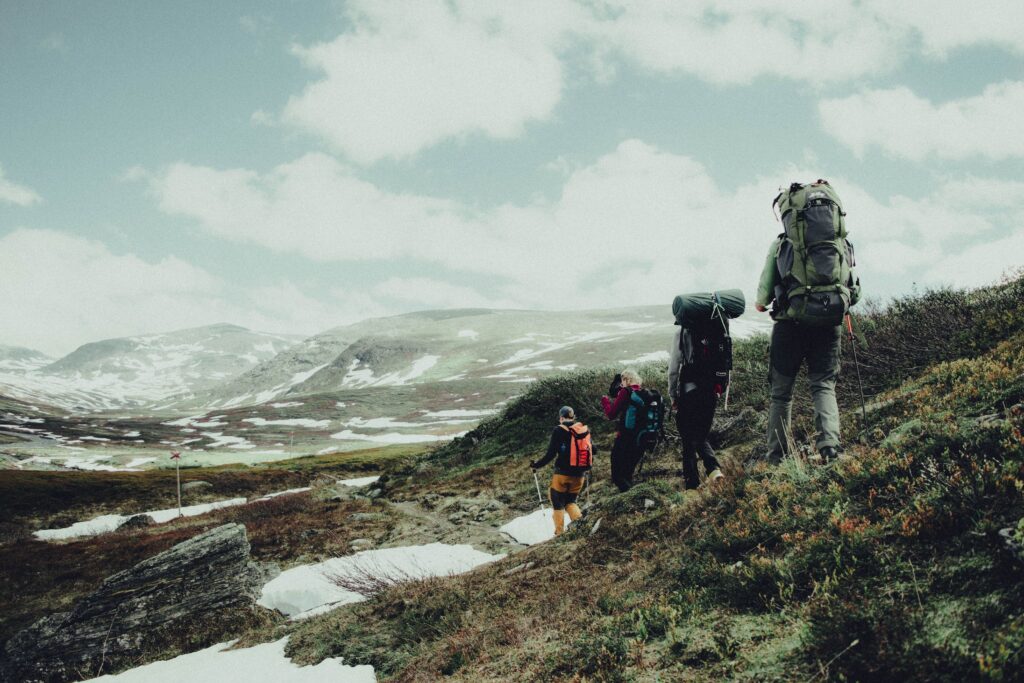 Long-Distance and Multi-Day Hiking group trekking through alpine terrain with backpacks on a scenic mountain trail.
