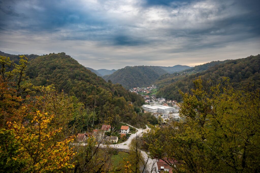 Scenic view of Samobor Hills with forested valleys charming village and rolling landscapes in Croatia