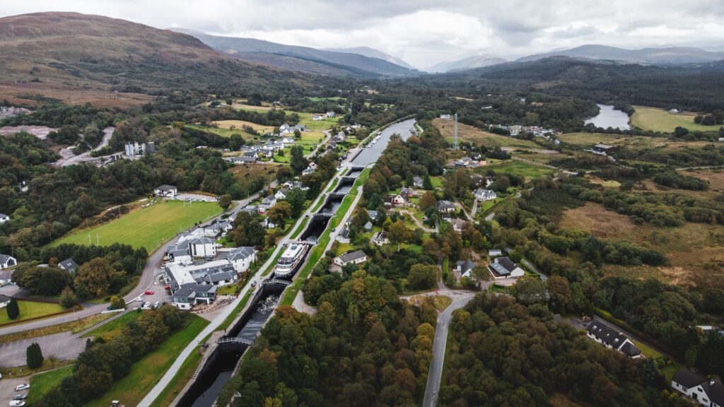 Fort Williams landscape with a scenic canal countryside hills and surrounding Highland scenery in Scotland