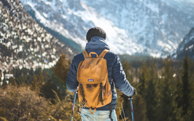 Hiker with an orange backpack and trekking poles facing alpine mountains in a snowy valley, back view.