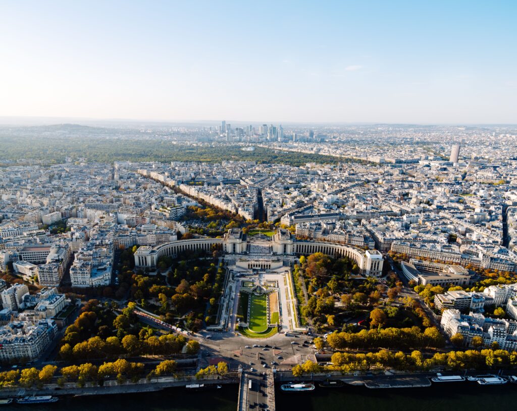 Aerial view of Paris and Eiffel Tower from above
