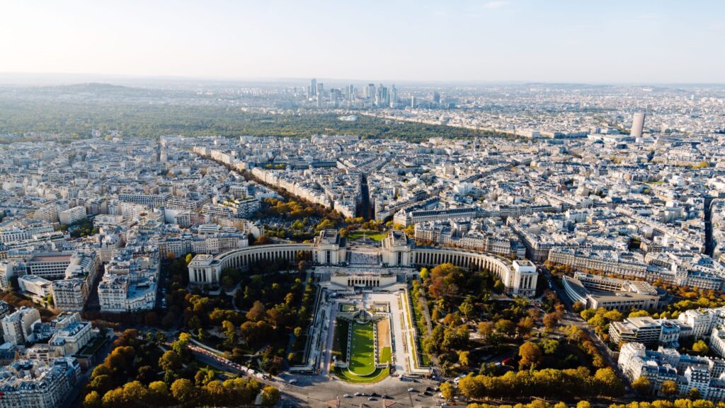 Aerial view of Paris and Eiffel Tower from above